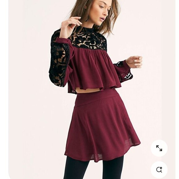 Free People Two Hearts Burgundy Velvet Lace Embroidered Festive Skirt Set SZ 6 - Picture 1 of 12